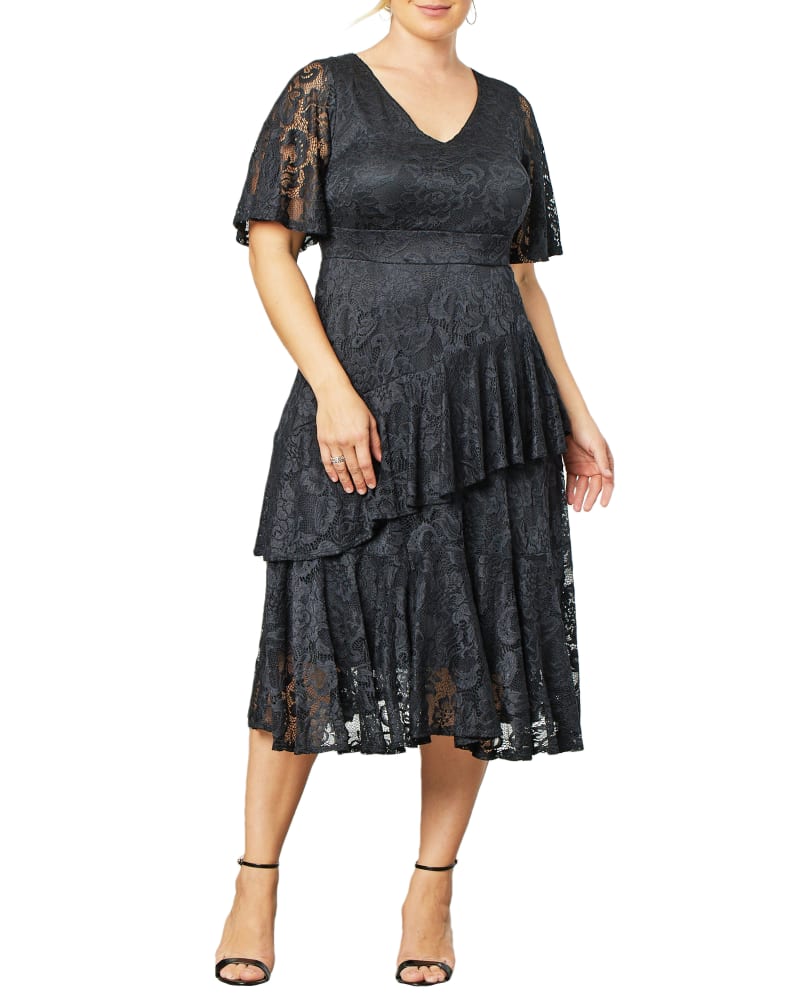Front of a model wearing a size 0X Lace Affair Cocktail Dress in ONYX by Kiyonna. | dia_product_style_image_id:272167